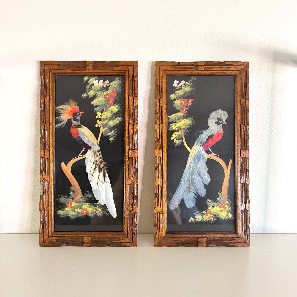 Vintage Mexican Feather Art Birds / Set of 2 / Feathercraft Folk Art Wall Decor